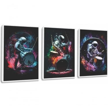 Imagem de Quadro Decorativo Astronauta Tocando Bateria Rock Com Moldura Branco