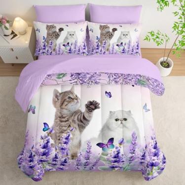 Imagem de AILONEN Jogo de cama solteiro com estampa de gato, animal gatinho kawaii, com borboleta, flores roxas, edredom e lençol de cima, 2 fronhas, 2 fronhas