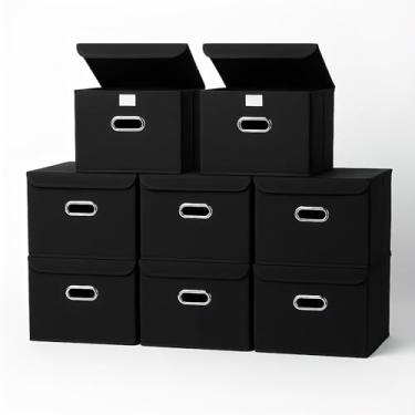 Imagem de STOREONE Caixotes de armazenamento de tecido, organizador dobrável, cesta dobrável com tampas e alças de metal, para casa, quarto, armário, 8 peças (preto)