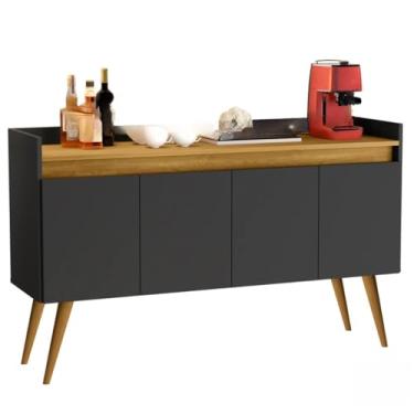 Imagem de Aparador Buffet Retrô com Pés de Madeira Maciça 3 ou 4 Portas Prateleira Organizadora para Sala e Entrada(Luxo 4 Preto com Madeirado)