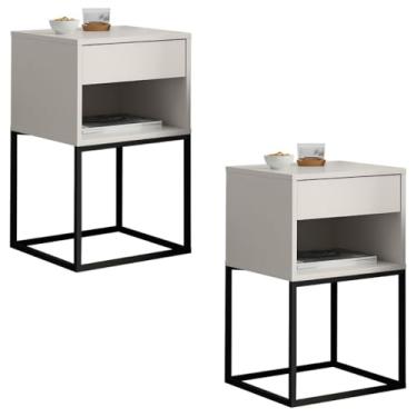 Imagem de Kit 2 Mesas de Cabeceira Base de Aço 1 Gaveta Corrediça Telescópica mesa de cabeceira com gaveta Alt 61,5 cm Larg 38 cm Prof 36,2 cm(Off White/Pé Preto)