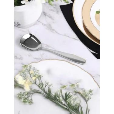 Imagem de Colheres de sopa de aço inoxidável de cabeça quadrada com fundo plano espesso estilo coreano colher de açúcar quadrada V prata