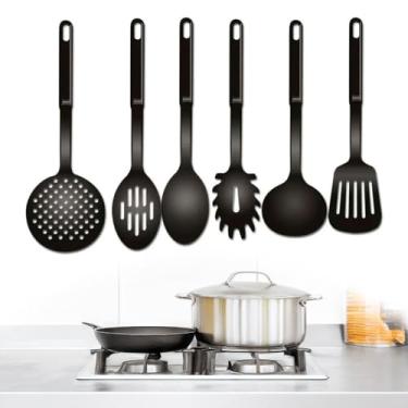 Imagem de Kit Utensílios de Cozinha, 6 Peças em Plástico Resistente, Preto, Escumadeira, Espátula, Concha, Pegador de Macarrão, Colher e Pegador de Saladas, Resistente até 180°C