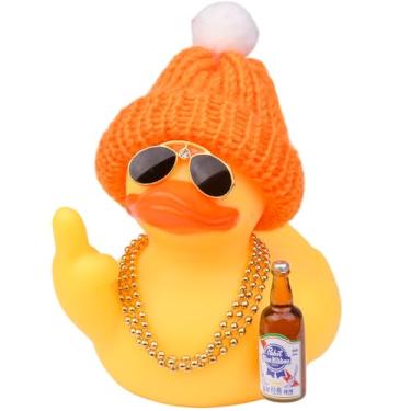 Imagem de MuMyer Patos de borracha para painel de carro, decorações de véspera de Natal, enfeite de carro de pato de borracha com chapéu de malha acessório legal, óculos de sol, colar, 9 cm