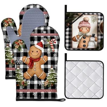 Imagem de BVBOX Conjunto de 4 luvas de forno e pegadores de panela de Natal resistentes ao calor com superfície de silicone antiderrapante para cozinha, cozinha, assar, grelhar (grade de homem de gengibre
