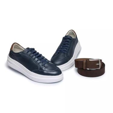 Imagem de ThézB Sapatênis Casual Masculino em Couro Sintético, Confortável e Moderno, com Sola Tratorada e Cinto de Couro, para Uso Social e Casual (Azul, BR, Adulto, Numérico, 41)