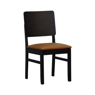 Imagem de Cadeira Quéops Madeira Maciça Encosto Anatômico Assento Estofado - Preto Corano Caramelo