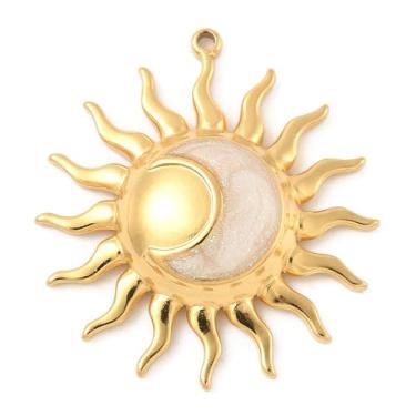 Imagem de 1 pingente de sol de aço inoxidável com lantejoulas esmaltadas com glitter banhado a ouro 18 K real com pingente de lua branco fumo, 29 x 26,5 x 5 mm