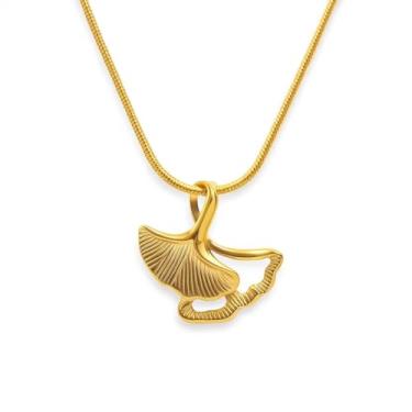 Imagem de Ankiho Colar feminino com pingente de folha de ginkgo banhado a ouro 14K, pingente de folha dupla inspirado na natureza em corrente de cobra de aço inoxidável ajustável, joia botânica minimalista