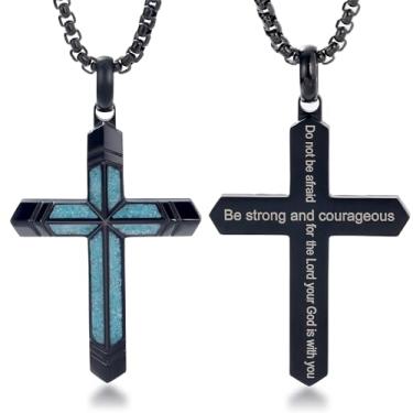 Imagem de GTMJ Colar de cruz masculino turquesa/malaquita/preto e dourado com pingente de cruz de proteção religiosa, joias presentes para mulheres, Medium, Aço inoxidável, Turquesa