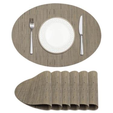 Imagem de Privalace Conjunto de 6 jogos americanos ovais de PVC, lavável, antiderrapante, resistente ao calor e a manchas, tapetes duráveis para cozinha, jantar diário, decoração de mesa de refeições, marrom