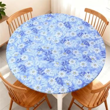 Imagem de COTAIL Toalha de mesa redonda à prova d'água com borda elástica, capa de mesa redonda ajustável e limpa para mesas de verão de 81 a 91 cm para festas de piquenique na cozinha, margarida azul