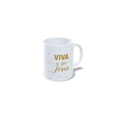Imagem de Caneca de Cerâmica Branca 325ml, Tema Natal Sagrada Família, com Estrelas Douradas e Presépio (23181)