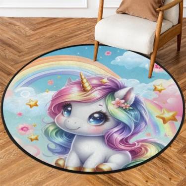 Imagem de Tapete redondo de 1,8 m, unicórnios, fofos, coloridos, macios, tapetes de área, antiderrapante, lavável, tapete circular para quarto, berçário, sala de estar, cozinha, banheiro, entrada, decoração de
