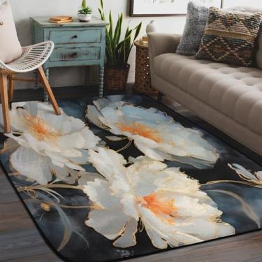 Imagem de Tapete de área para sala de estar, lavável à máquina, flor, branco, retrô, antiderrapante, tapete macio, para sala de estar, quarto, sala de jantar, berçário, cozinha, decoração de casa