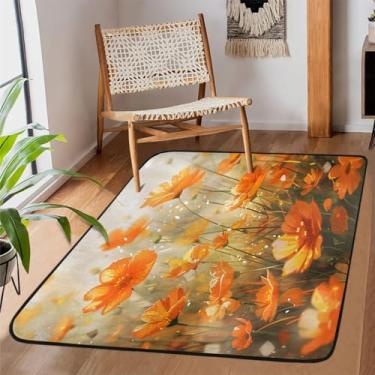 Imagem de Tapete de área de 1,2 m x 1,8 m para sala de estar, lavável à máquina, arte, flor, laranja, tapete antiderrapante, tapete macio para sala de estar, quarto, sala de jantar, berçário, cozinha, decoração