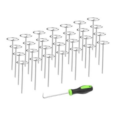 Imagem de Gralara 50 estacas circulares para tecido de paisagismo com gancho, estacas de barreira à prova de ferrugem, grampos de solo, de jardim para quintal, gramado