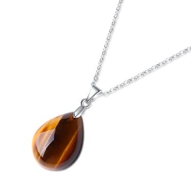 Imagem de GAVU Colar para mulher com corrente banhada a ouro branco e pendente lágrima de pedras semipreciosas, Banhado a ouro, Olhos de tigre