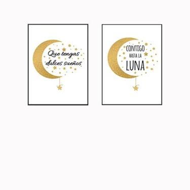 Imagem de PHWWDSUQA 2 peças de arte de parede de estrela da lua nórdica fofa e engraçada unissex presente em tela pôster arte de parede de berçário de bebê / 40 x 60 cm /sem moldura