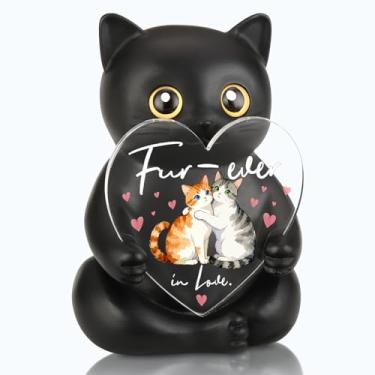 Imagem de VYNWPDFLI Estatueta romântica de casal de gato preto, presente de casamento para amantes de gatos, lembrança de aniversário para casais, decoração de dia dos namorados com motivo de coração, LSS32