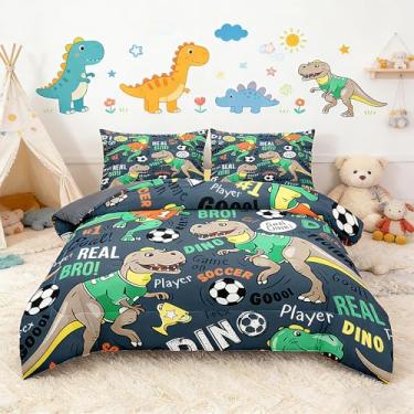 Imagem de MWMWMW Jogo de cama solteiro com estampa de dinossauro, 2 peças, edredom infantil de microfibra macia, para meninos e crianças, com 1 fronha