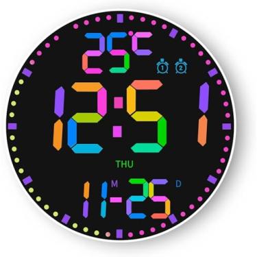 Imagem de Elecbee Relógio de parede digital de 12 polegadas – Tela LED grande com 12 cores RGB retroiluminadas, controle remoto, calendário e temperatura (interruptor C/F), brilho ajustável para quarto, sala de