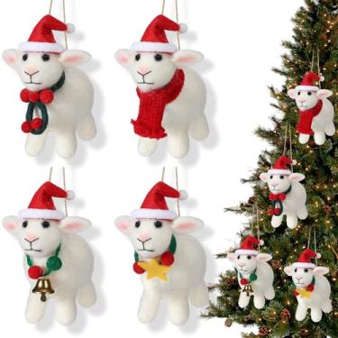 Imagem de Soulchen 4 peças de mini enfeites de ovelha de feltro de Natal com laço de cordão de cânhamo para decoração de bolsa de enfeite de guirlanda de árvore de Natal (chapéu de Natal ovelha)