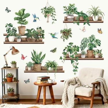 Imagem de wondever Adesivos de parede de plantas de vaso verde folhas planta em vaso borboleta pássaro descascar e colar decalques de arte de parede para sala de estar quarto TV fundo decoração de parede