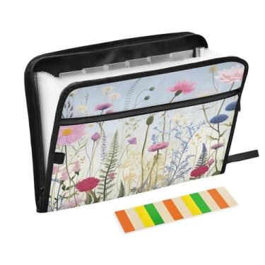Imagem de Wassud Acordeão floral colorido primavera arquivo organizador letra a4 pastas de arquivo de papel organizador de documentos fólio com etiquetas pasta de arquivo expansível 13 bolsos