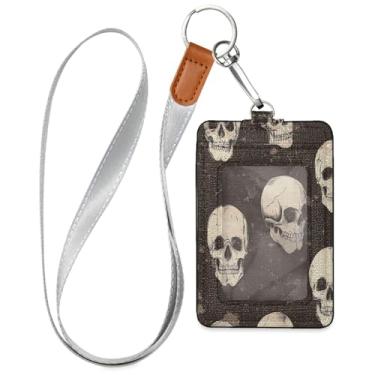 Imagem de Wassud Porta-crachá de couro PU Halloween Skulls com cordão, porta-cartão de identificação para trabalho, cordão de pescoço com compartimentos para cartões de crédito, funcionários, estudantes, 40 cm