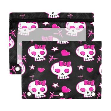 Imagem de Wassud Bolsa de lápis para fichário de 3 anéis, caveiras fofas com laços, bolsas com zíper, serve para fichários padrão para escritório, pacote com 2