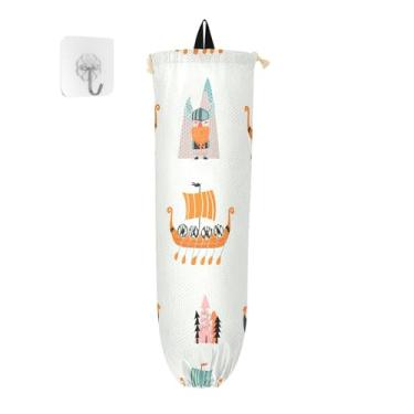 Imagem de xigua Cartoonish Viking Ships Suporte de parede para saco de plástico com cordão, pacote com 2, organizador de sacolas de compras reutilizáveis, decoração para bolsas, meias, roupas íntimas e gravatas