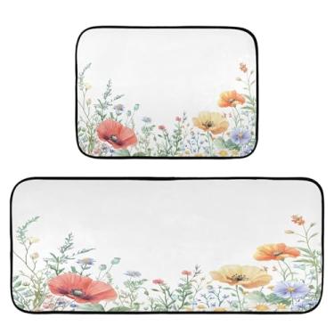 Imagem de Qilmy Lindos tapetes de cozinha de flores silvestres, 2 peças, tapete de entrada frontal, antiderrapante, alivia a fadiga, lavável, tapete para cozinha, quarto, varanda465