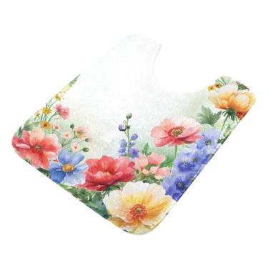 Imagem de Burbuja Tapete de banheiro com flores coloridas, tapete de banho absorvente de pelúcia macio, base antiderrapante para piso de banheiro, oval em forma de U