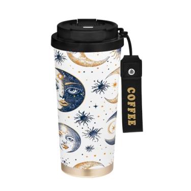 Imagem de YETTASBIN Caneca de café de viagem com isolamento térmico Boho Sun Monn 482 g com tampa canudo, copo à prova de derramamento e vazamento com alça para bebida quente e fria, garrafa de água de aço
