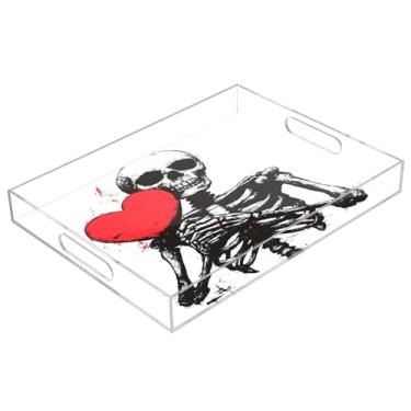 Imagem de STAYTOP Bandeja de servir de acrílico com caveira de coração vermelho, 15,7 x 11,20 cm, bandejas decorativas à prova de derramamento, organizador de bancada para café da manhã, chá, comida, maquiagem