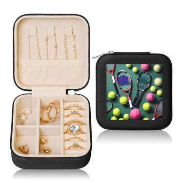 Imagem de Raquetes de tênis engraçadas e bolas de tênis, caixa de joias quadrada, estojo de armazenamento portátil para anéis femininos, brincos, colares