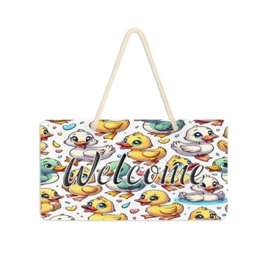 Imagem de Burbuja Placa de boas-vindas de patos fofos para porta da frente, placa de boas-vindas de PVC para decoração de férias, 15 x 28 cm