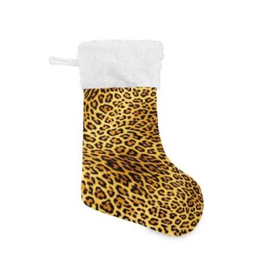 Imagem de Qilmy Lindas meias de Natal com estampa de leopardo marrom amarelo 2 peças, meias grandes de Natal, decorações de presente e suprimentos de festa, usadas para decoração de lareira de árvore de Natal