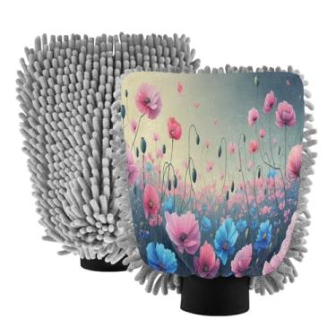 Imagem de STAYTOP Lindas luvas de lavagem de carro com flores e borboletas, 2 peças, luvas de microfibra de chenille, sem arranhões, panos de esponja de lavagem ultra absorventes para carros, limpeza doméstica