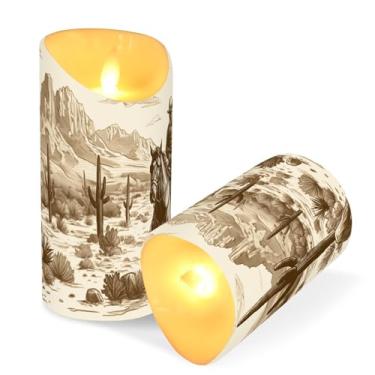 Imagem de ATTX Pacote com 2 velas de caubói do deserto ocidental – Velas de pilar LED de 7,6 cm x 15 cm com controle remoto e temporizador para casa, casamento, decoração de acampamento #96