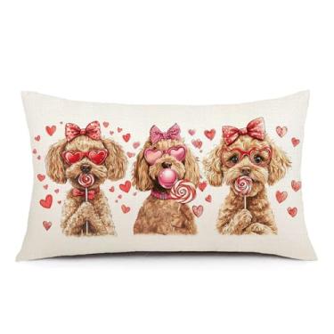 Imagem de AOFANGGO Capa de almofada para o dia dos namorados 30,5 x 50,8 cm Golden Poodle Love Heart Pink Romantic Decor Holiday Farmhouse Fronha Decoração de presentes para sofá de casa