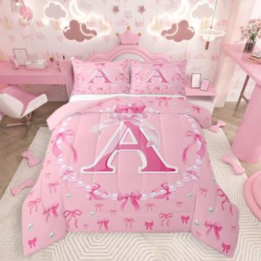 Imagem de Feelyou Conjunto de edredom com laço rosa kawaii, tamanho solteiro, presente para crianças, meninas, conjunto de cama com inicial, edredom fofo, nó de laço de coquete, decoração de quarto, monograma