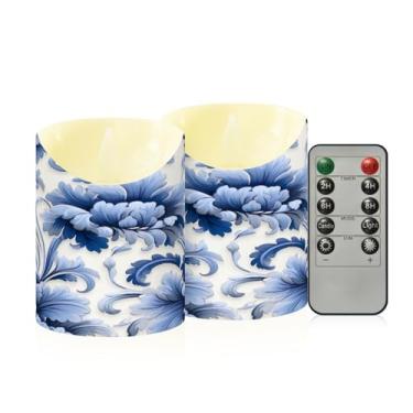 Imagem de Wassud Pacote com 2 velas azuis florais sem chamas com controle remoto, velas realistas cintilantes com temporizador, velas decorativas para Natal, casamento, festa, decoração de casa pequena