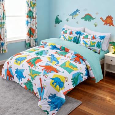 Imagem de A Nice Night - Conjunto de cama de solteiro com estampa de dinossauros, design geométrico de fundo geométrico, 5 peças, tamanho de bolsa, ultramacio, com fronha (branco)