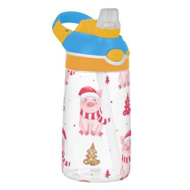 Imagem de Red Cute Pigs Santa Garrafa de água esportiva infantil branca para escola, 473 ml, 473 ml, garrafa de água Tritan com canudo, copos de viagem à prova de vazamento para crianças, reutilizáveis, alça de