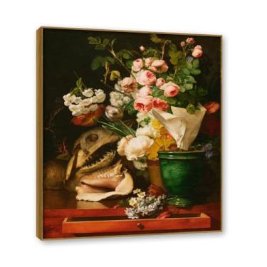 Imagem de Moldura de teca. Arte em tela floral country, pintura botânica vintage de natureza morta, decoração de parede de cozinha de fazenda emoldurada para sala de jantar. B07. 70 x 84 cm - 27,5 x 33,1 pol