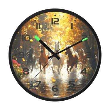 Imagem de SEHANY Relógio de parede artístico majestoso cavalos silencioso, sem tique-taque, relógio redondo operado por bateria, controle de som, luz noturna, relógios de parede para sala de estar, cozinha