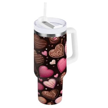 Imagem de Blueangle Copo com isolamento de coração de chocolate de 850 g com alça e tampa de palha, caneca de viagem reutilizável de aço inoxidável (24)