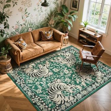 Imagem de LIVEBOX Tapete de área lavável tigre 12 x 18 cm, tapetes verdes boêmios para sala de estar, tapete floral de selva antiderrapante, tapete vintage macio de animais ocidentais para sala de jantar